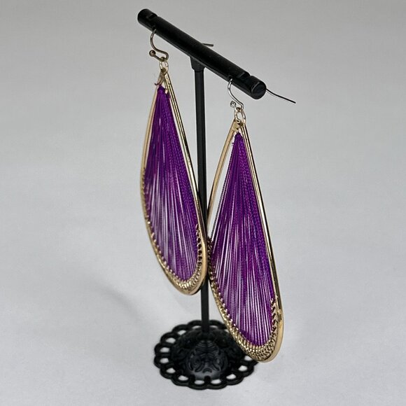 Threaded‎ Faux Gold Purple Tear Drop Earrings - Picture 2 of 8